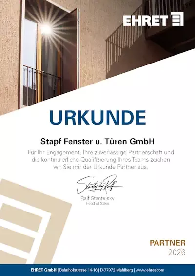 Auszeichnung für Qualität: Stapf Fenster u. Türen GmbH ist offizieller EHRET Partner 2026