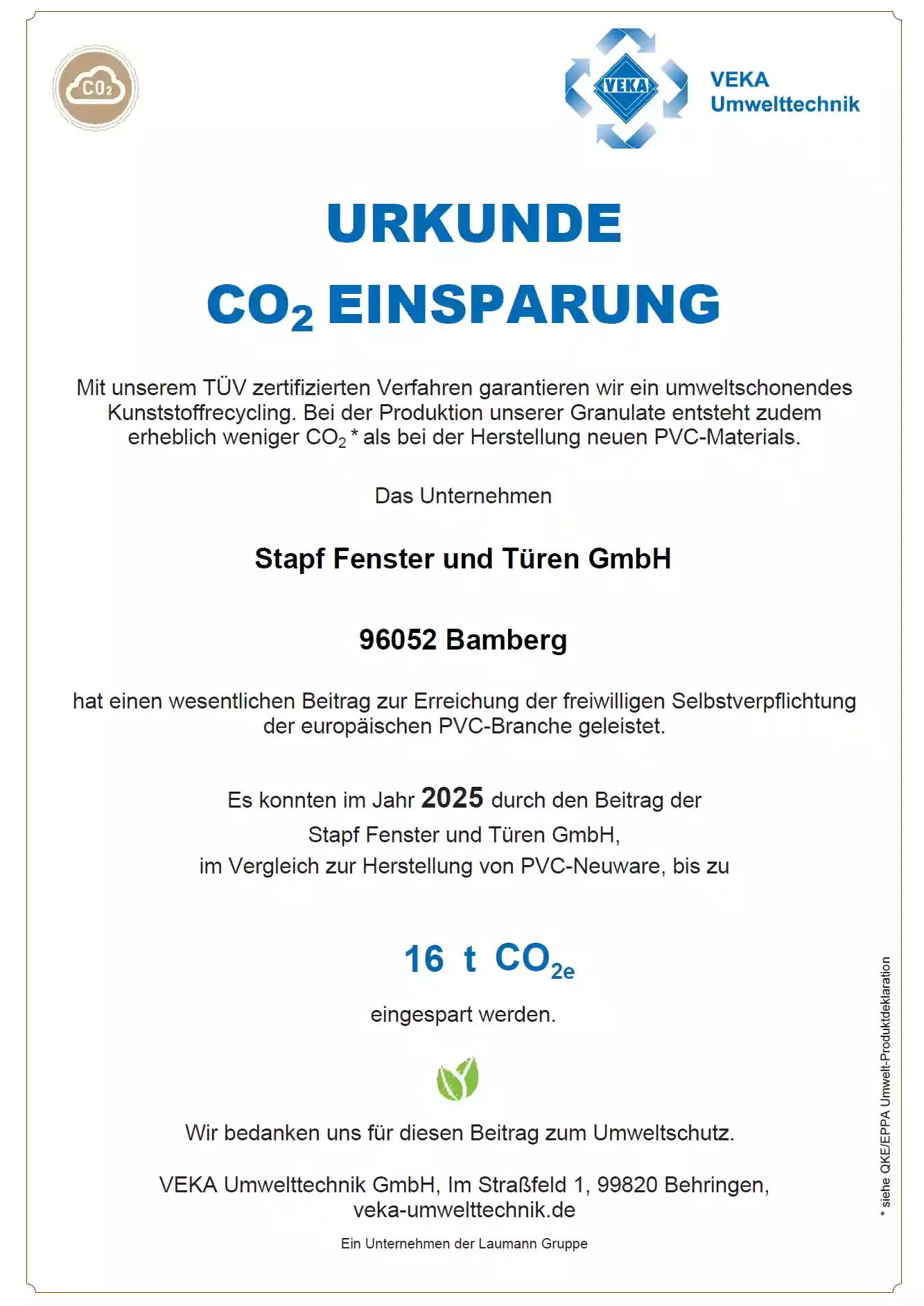 Urkunde CO2 Einsparung 2025